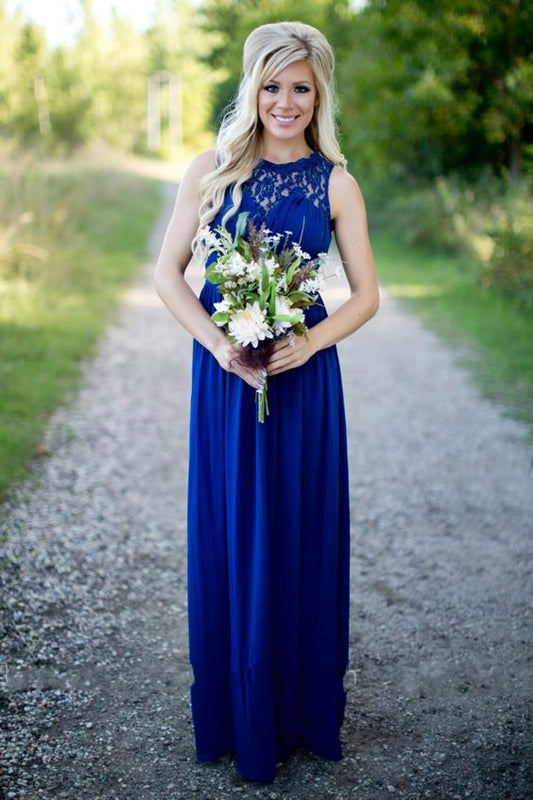 2024 Cheap A Line Royal Blue Lace Long Bridesmaid Dresses / Gowns
