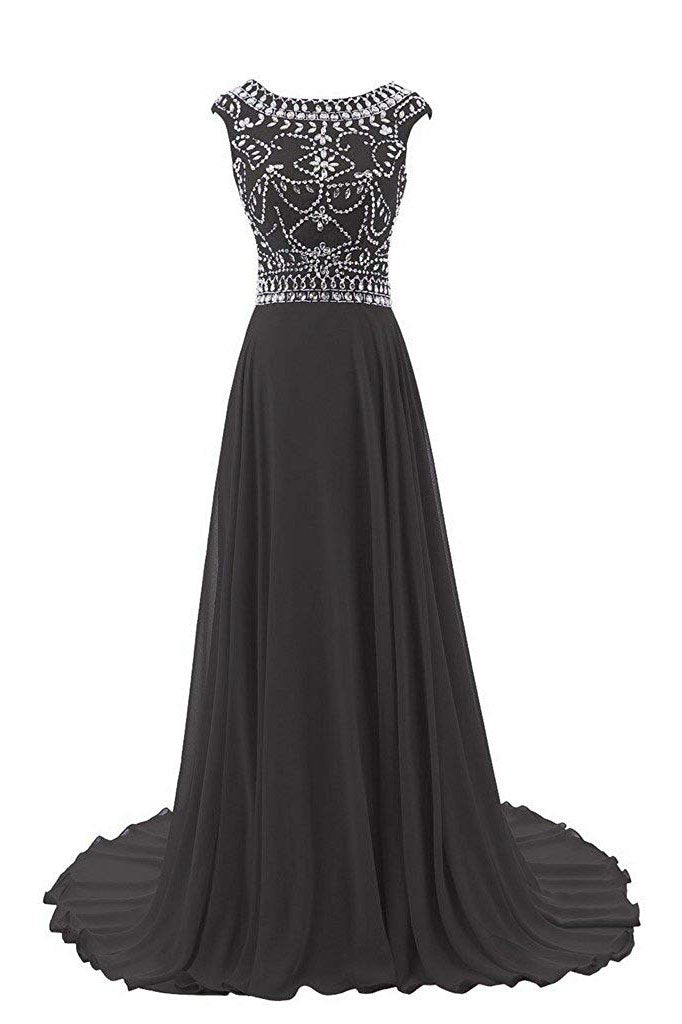 Elegant Backless Prom Dress,New Gorgeous with cap sleeves,Black Evening Dresses N26
