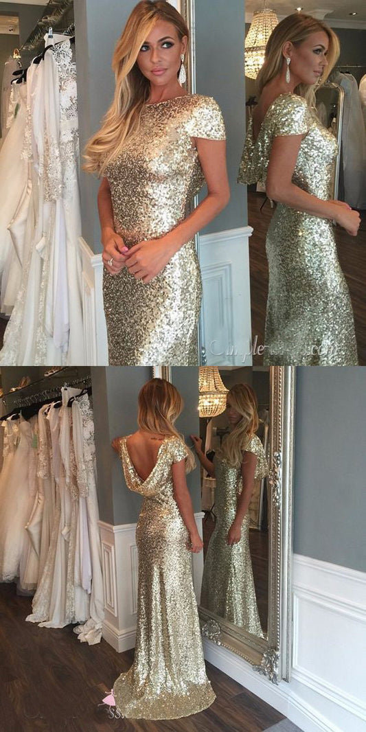 2024 New Arrival Gold Sequins With Capped Sleeves Long Bridesmaid Dresses / Gowns