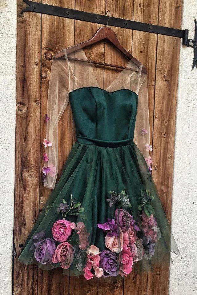 Pink V Neck 3D Applique Short Prom Dress, Long Sleeves Homecoming Dress N1840