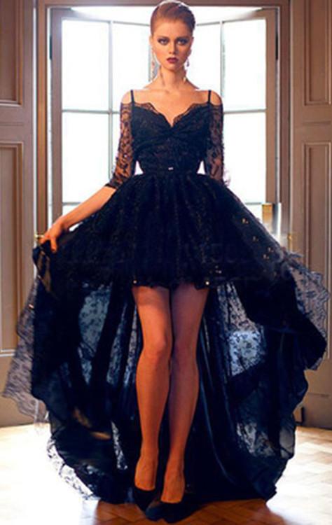 Elegant Black Lace High-low Half Sleeves Prom Dress Evening Dress N0003