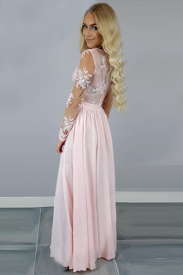 Princess/A-Line Chiffon Pink Long Sleeves Prom Dresses