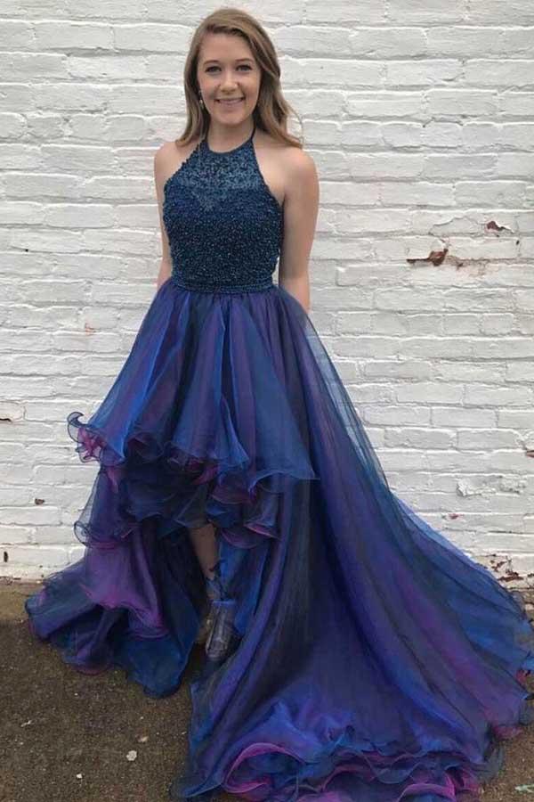 Designer Princess/A-Line Navy Blue Asymmetric Short Prom Dresses