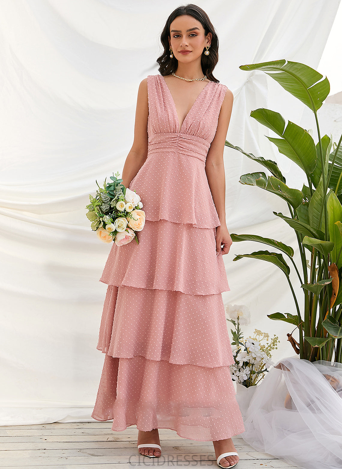 Silhouette A-Line Fabric Neckline Length Straps Ankle-Length V-neck Briana Sleeveless Floor Length Natural Waist Bridesmaid Dresses