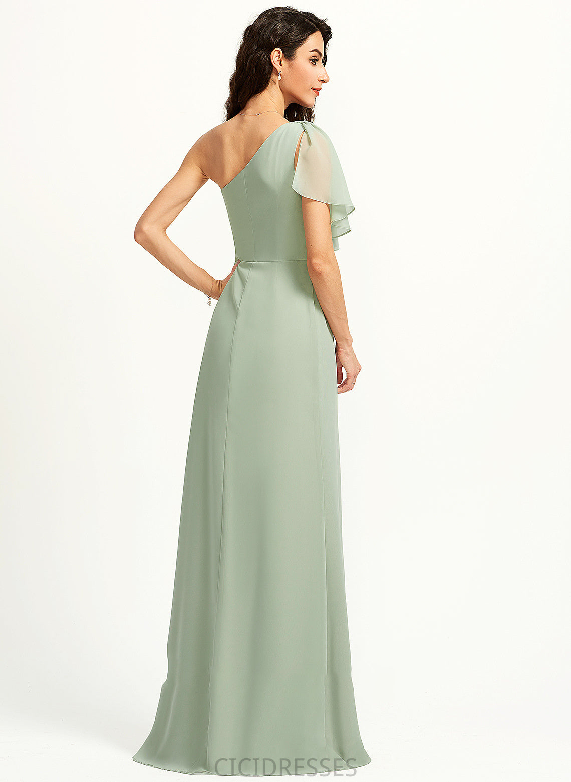 A-Line Ruffle Embellishment Silhouette Fabric Floor-Length SplitFront Length One-Shoulder Neckline Jaslene Floor Length Bridesmaid Dresses