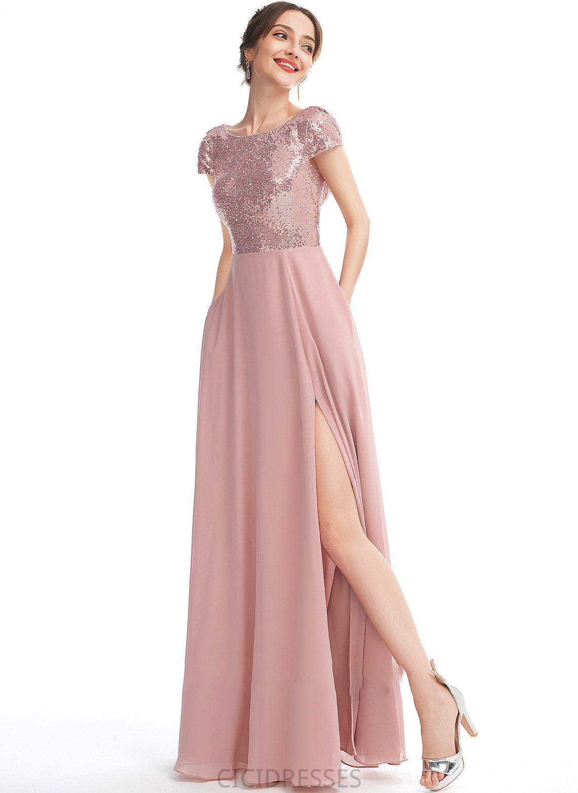 Silhouette A-Line Fabric Sequins Floor-Length Neckline Length SplitFront Embellishment ScoopNeck Emilia Sleeveless Bridesmaid Dresses
