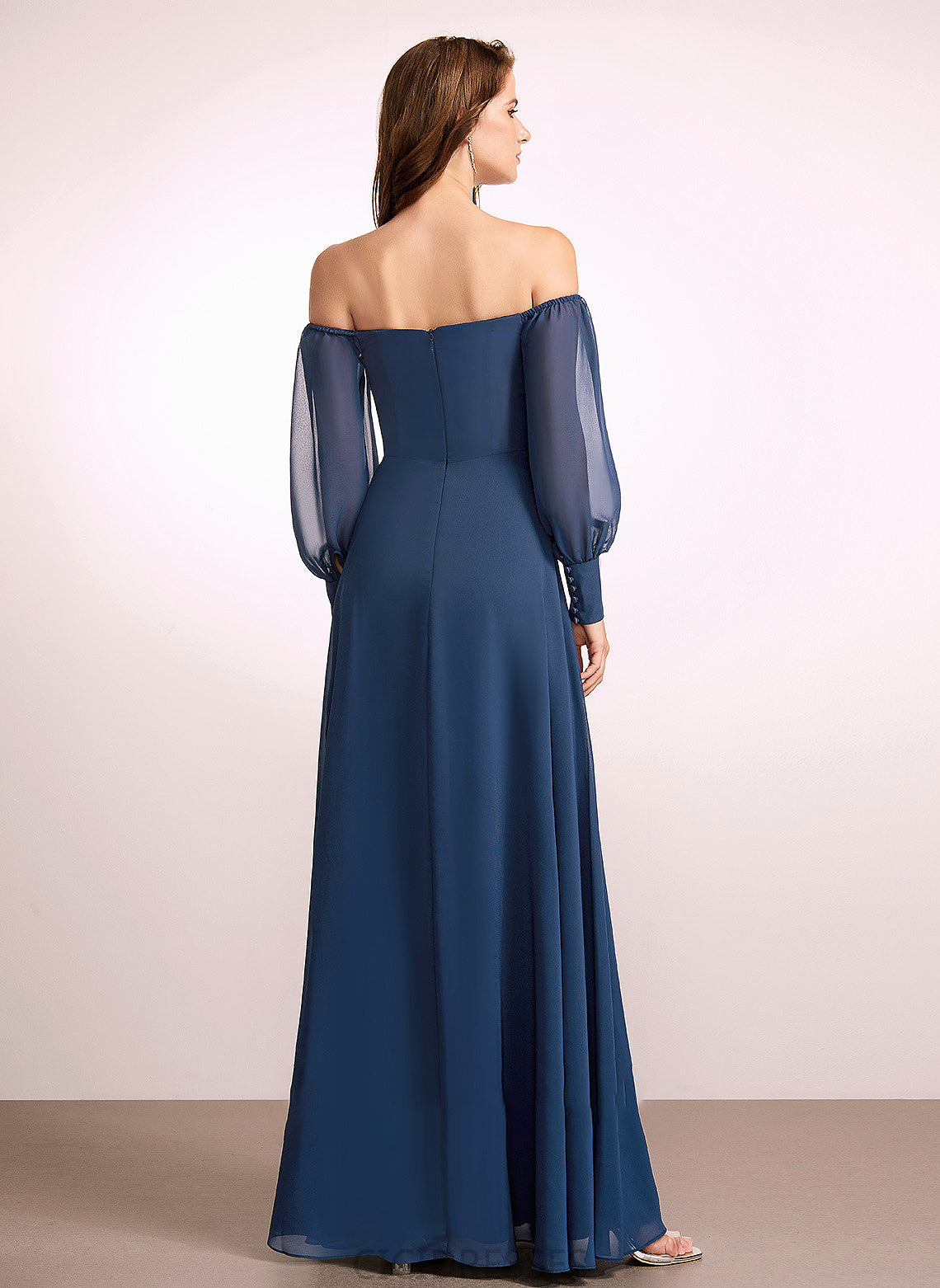 Embellishment Fabric Silhouette Neckline A-Line SplitFront Length Off-the-Shoulder Floor-Length Sierra Scoop A-Line/Princess Bridesmaid Dresses