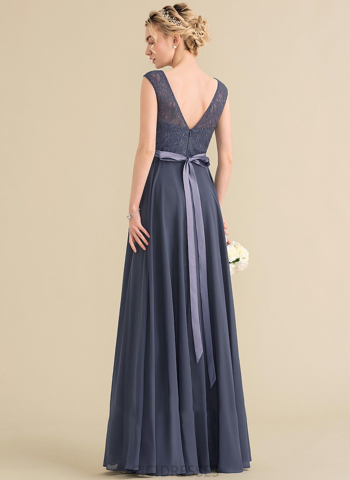 Silhouette Neckline Floor-Length ScoopNeck A-Line Length Bow(s) Embellishment Fabric Delilah Floor Length Sleeveless Bridesmaid Dresses