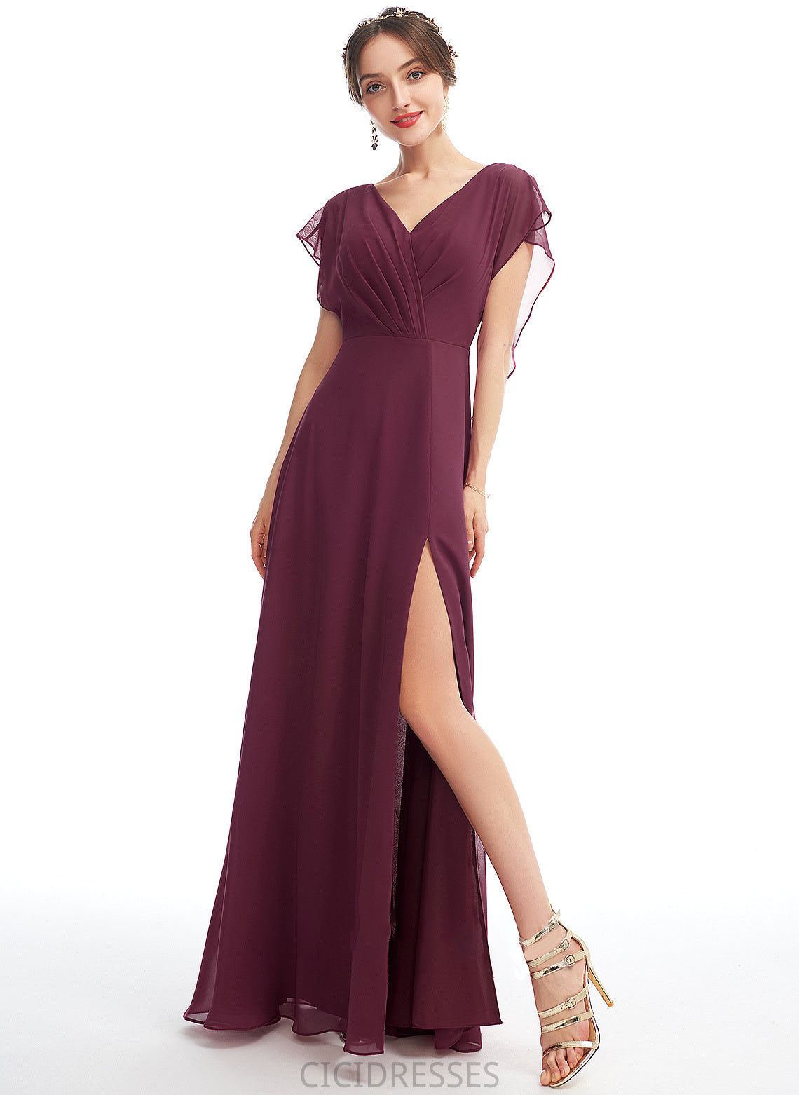 Ruffle Length Fabric SplitFront Neckline Embellishment Floor-Length V-neck Silhouette A-Line Janet V-Neck Bridesmaid Dresses