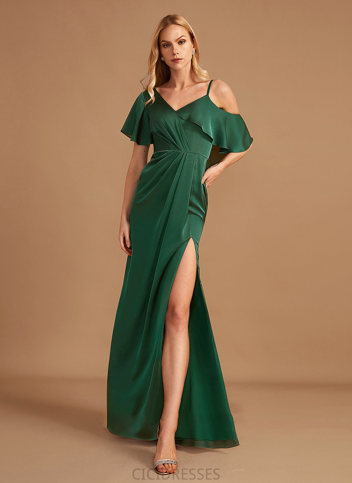 SplitFront Sheath/Column Floor-Length Neckline Length Silhouette V-neck Embellishment Fabric Larissa Scoop Sleeveless Bridesmaid Dresses