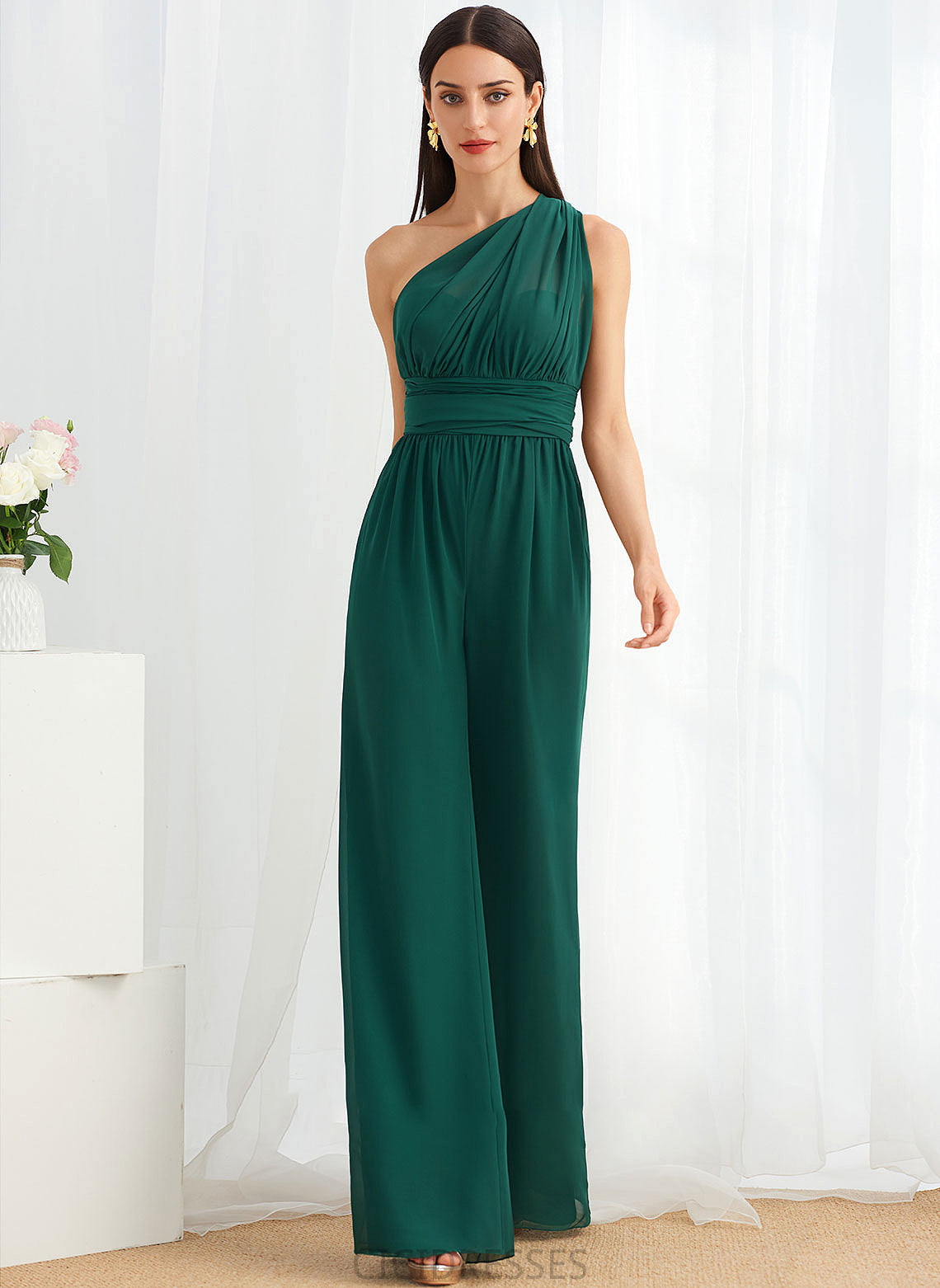 One-Shoulder Length Straps Embellishment HighNeck Neckline Ruffle Floor-Length Halter Fabric V-neck Jaslene Bridesmaid Dresses