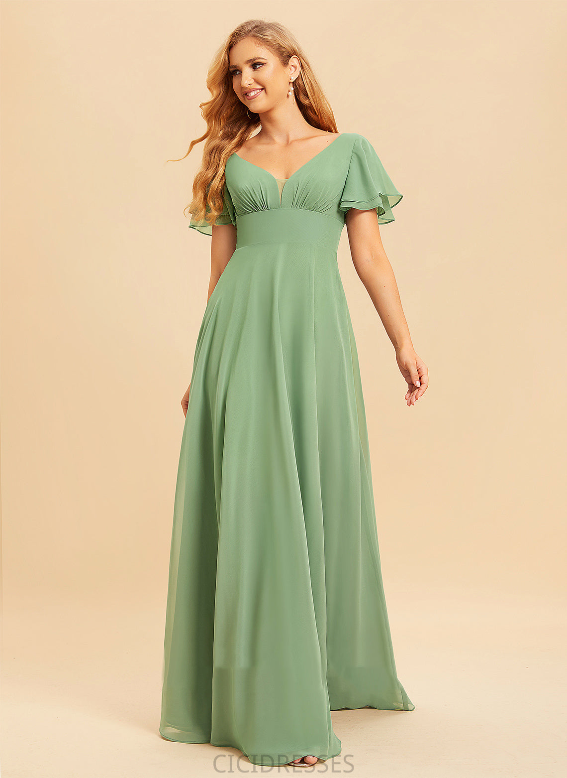 A-Line Neckline Silhouette Ruffle Floor-Length Fabric Embellishment Length SplitFront V-neck Alisson A-Line/Princess Bridesmaid Dresses