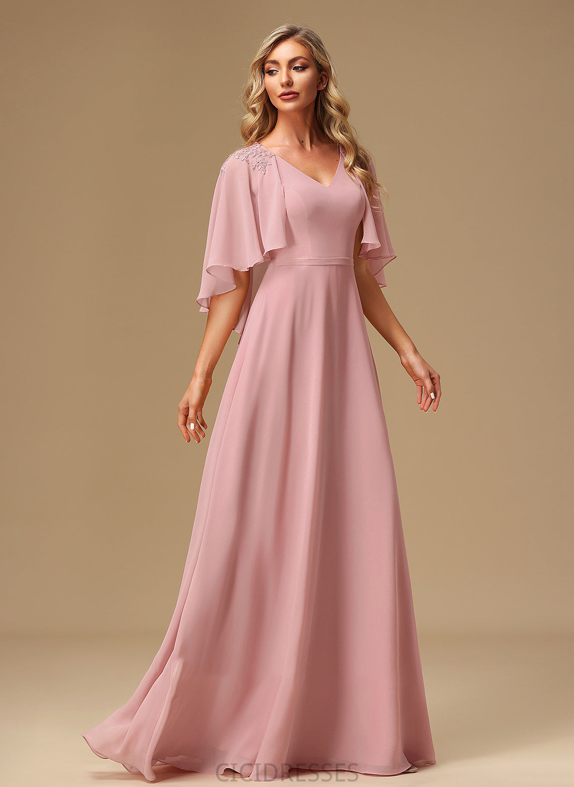 Floor-Length V-neck Length Lace A-Line Silhouette Fabric Neckline Embellishment Nyla Short Sleeves V-Neck Bridesmaid Dresses