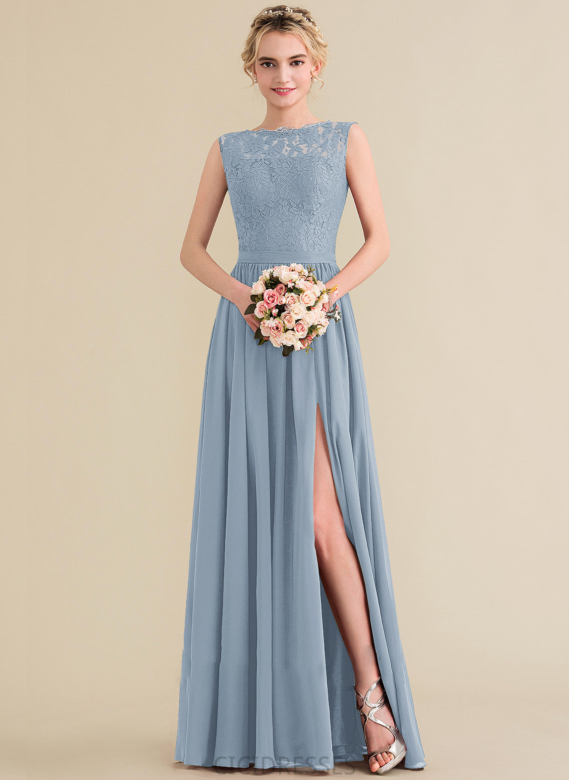 Neckline Fabric ScoopNeck Floor-Length Embellishment SplitFront Length A-Line Silhouette Moriah Natural Waist V-Neck Bridesmaid Dresses