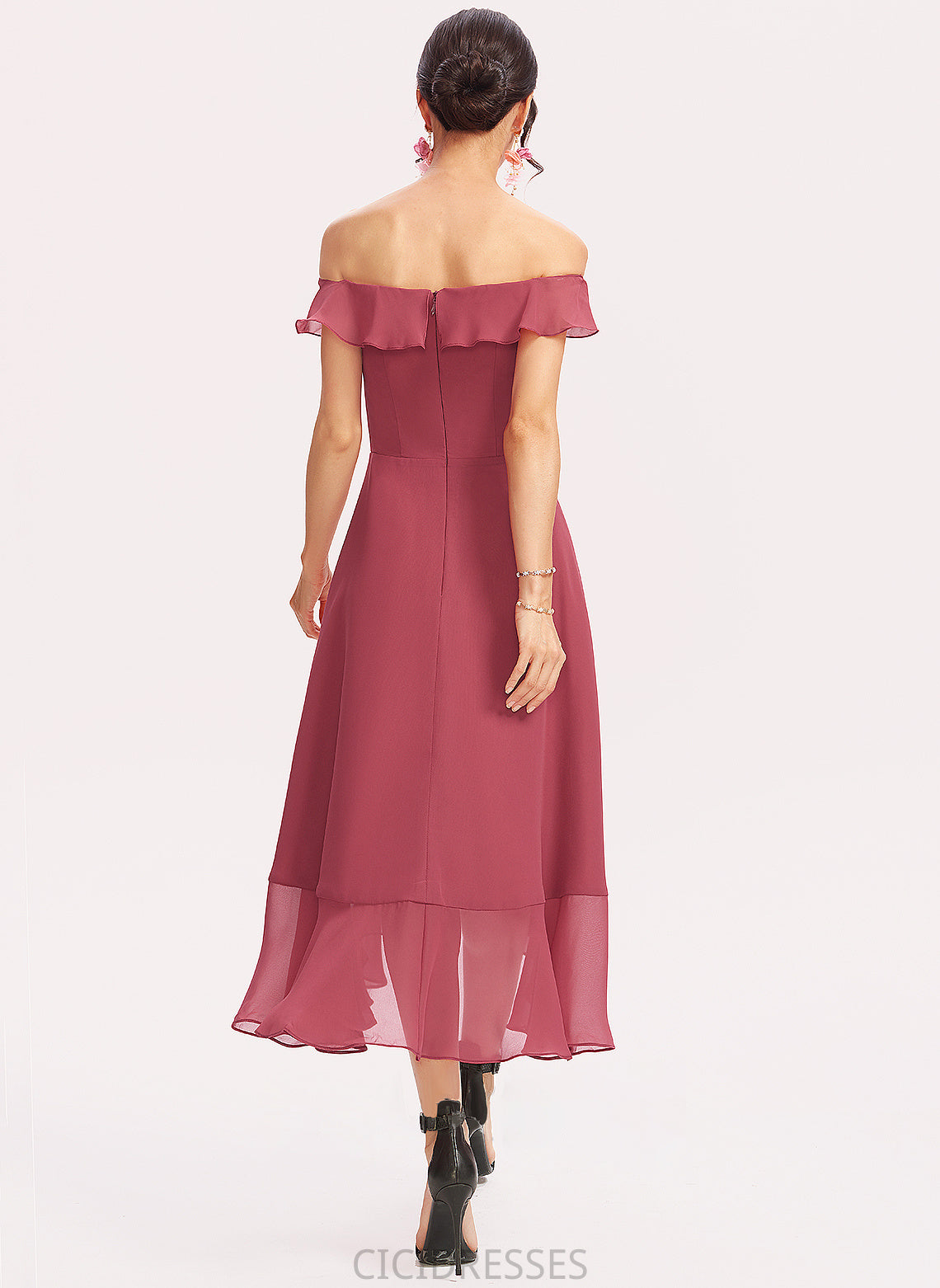 Off-the-Shoulder Tea-Length Neckline Fabric A-Line Embellishment Silhouette CascadingRuffles Length Lilyana Sleeveless Natural Waist Bridesmaid Dresses
