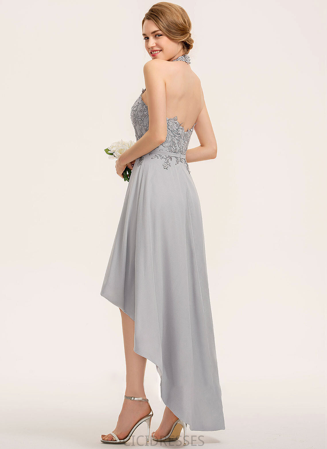 Fabric Asymmetrical Halter Lace A-Line Straps Length Silhouette Neckline Tina Sleeveless Floor Length Bridesmaid Dresses