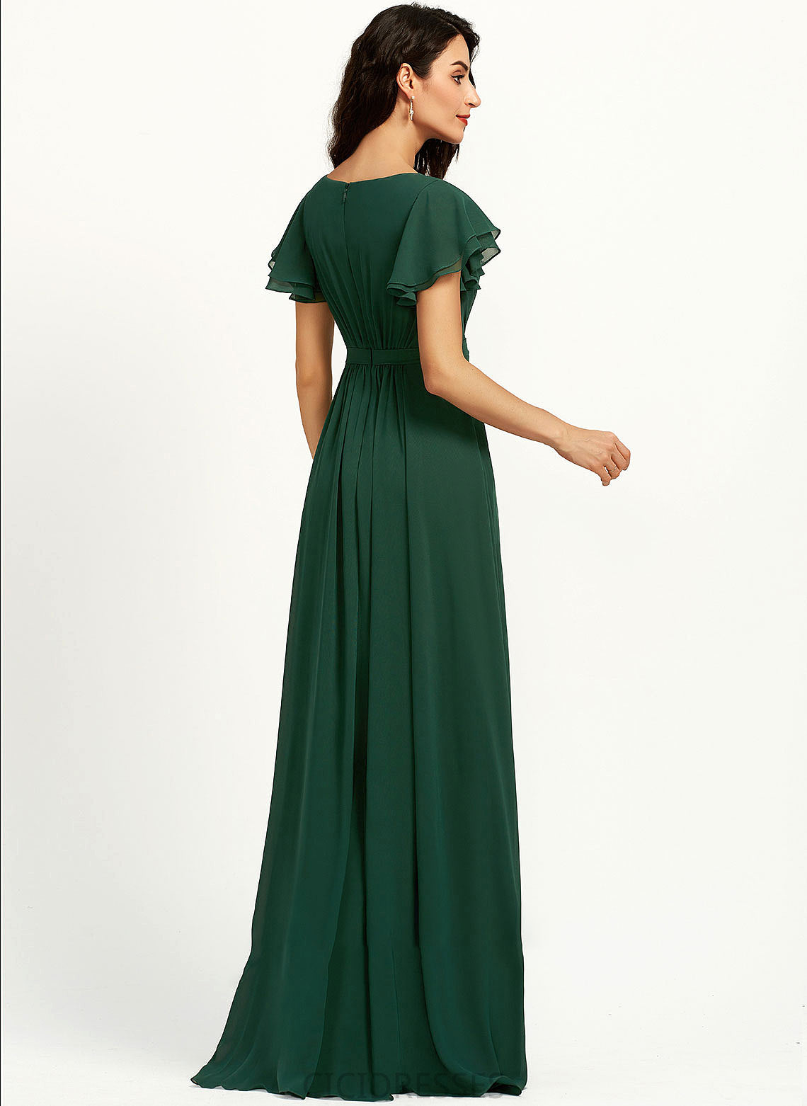 Ruffle ScoopNeck Silhouette A-Line Length Embellishment Fabric Neckline Floor-Length Michaelia Sleeveless Straps Bridesmaid Dresses