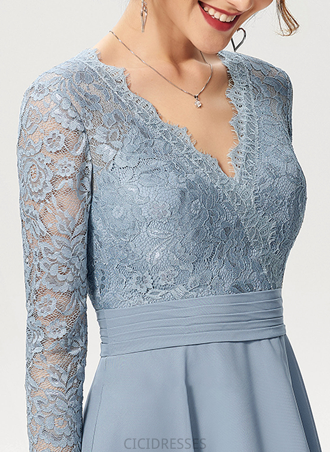 Fabric A-Line Sleeve Lace Neckline Length V-neck Silhouette Knee-Length Lila Natural Waist Floor Length Bridesmaid Dresses