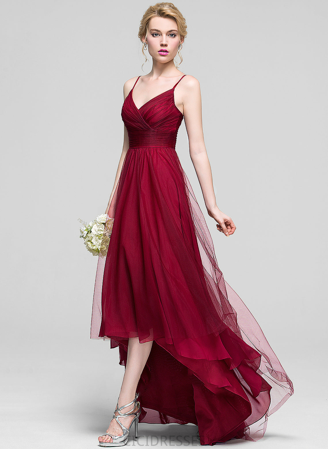 V-neck Embellishment Length A-Line Silhouette Ruffle Fabric Asymmetrical Neckline Miya Straps Natural Waist Bridesmaid Dresses