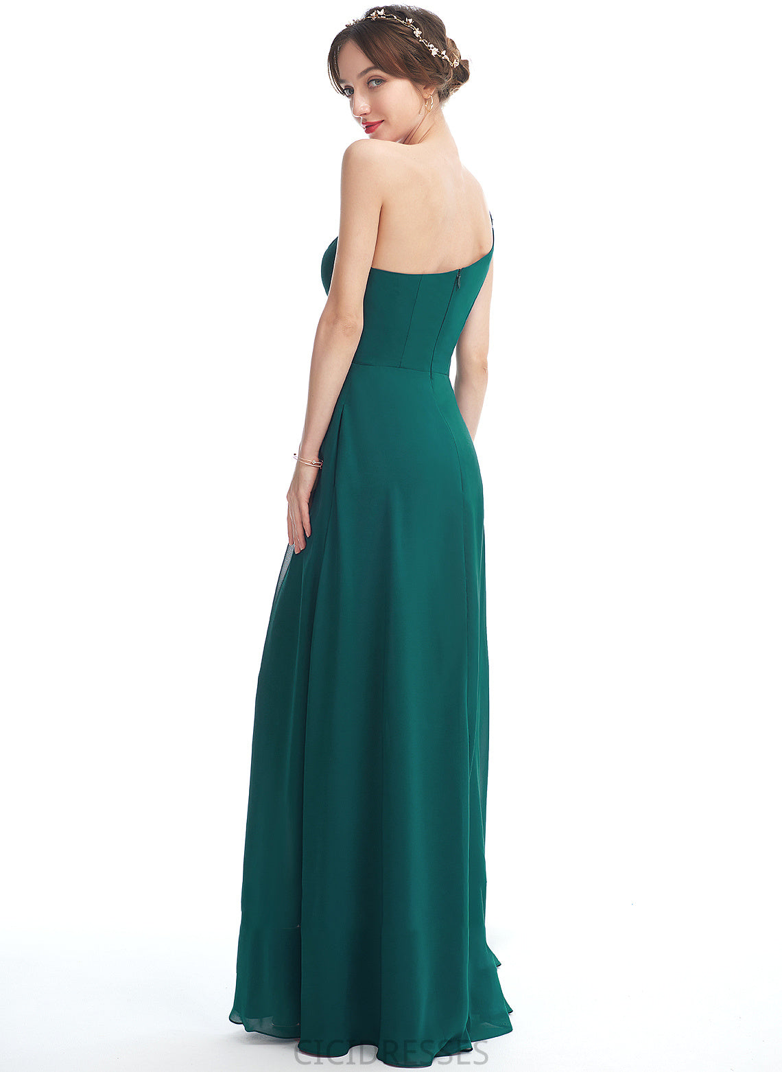 Silhouette Pockets Floor-Length Length SplitFront A-Line One-Shoulder Neckline Fabric Embellishment Hanna V-Neck Bridesmaid Dresses