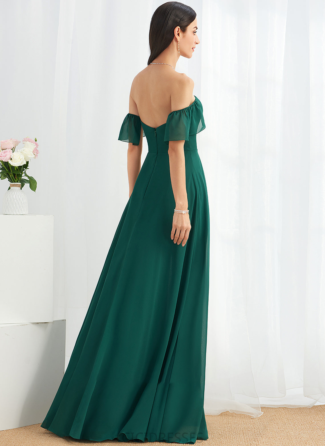 Silhouette Floor-Length Fabric SplitFront Off-the-Shoulder Embellishment Length Neckline A-Line Kiana A-Line/Princess Halter Bridesmaid Dresses