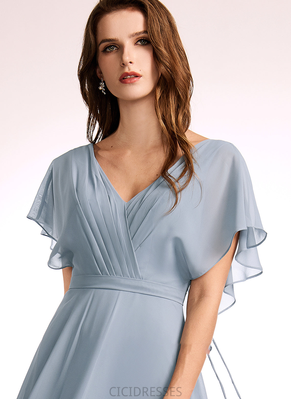A-Line Ruffle Fabric Floor-Length Silhouette Neckline Embellishment V-neck Length Lara Floor Length Sleeveless Bridesmaid Dresses
