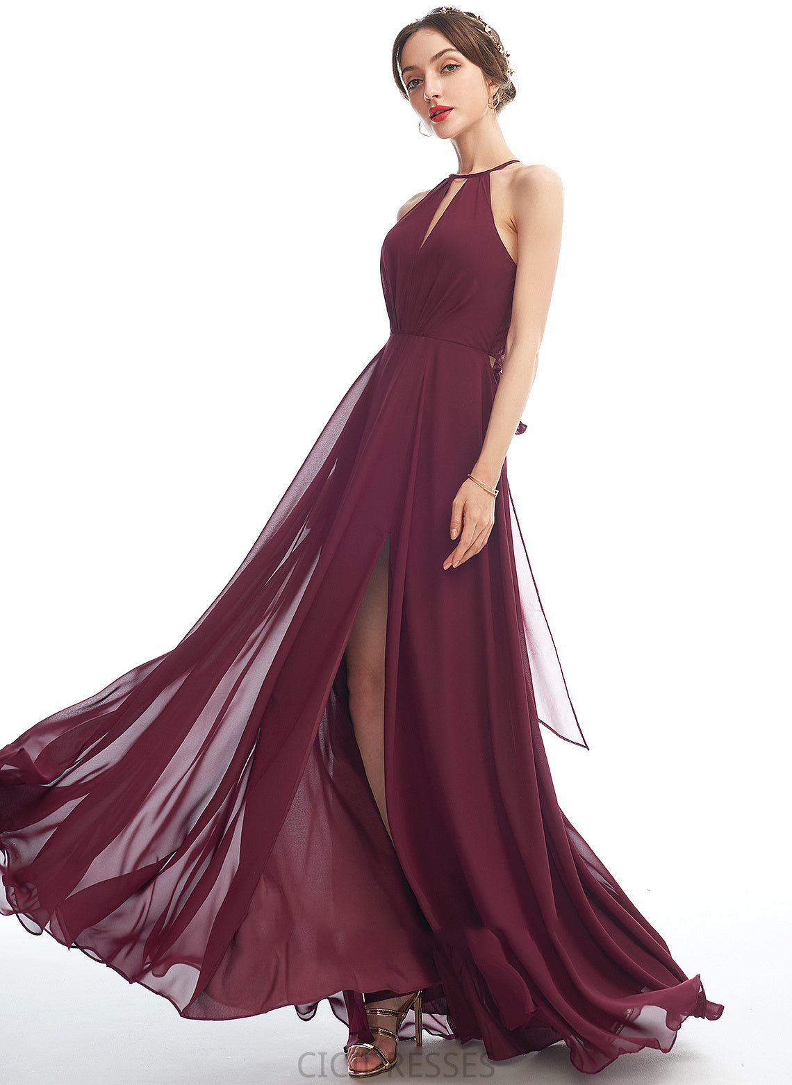 A-Line Length Fabric Neckline SplitFront Halter Embellishment Silhouette Floor-Length Angelina Spaghetti Staps Floor Length Bridesmaid Dresses