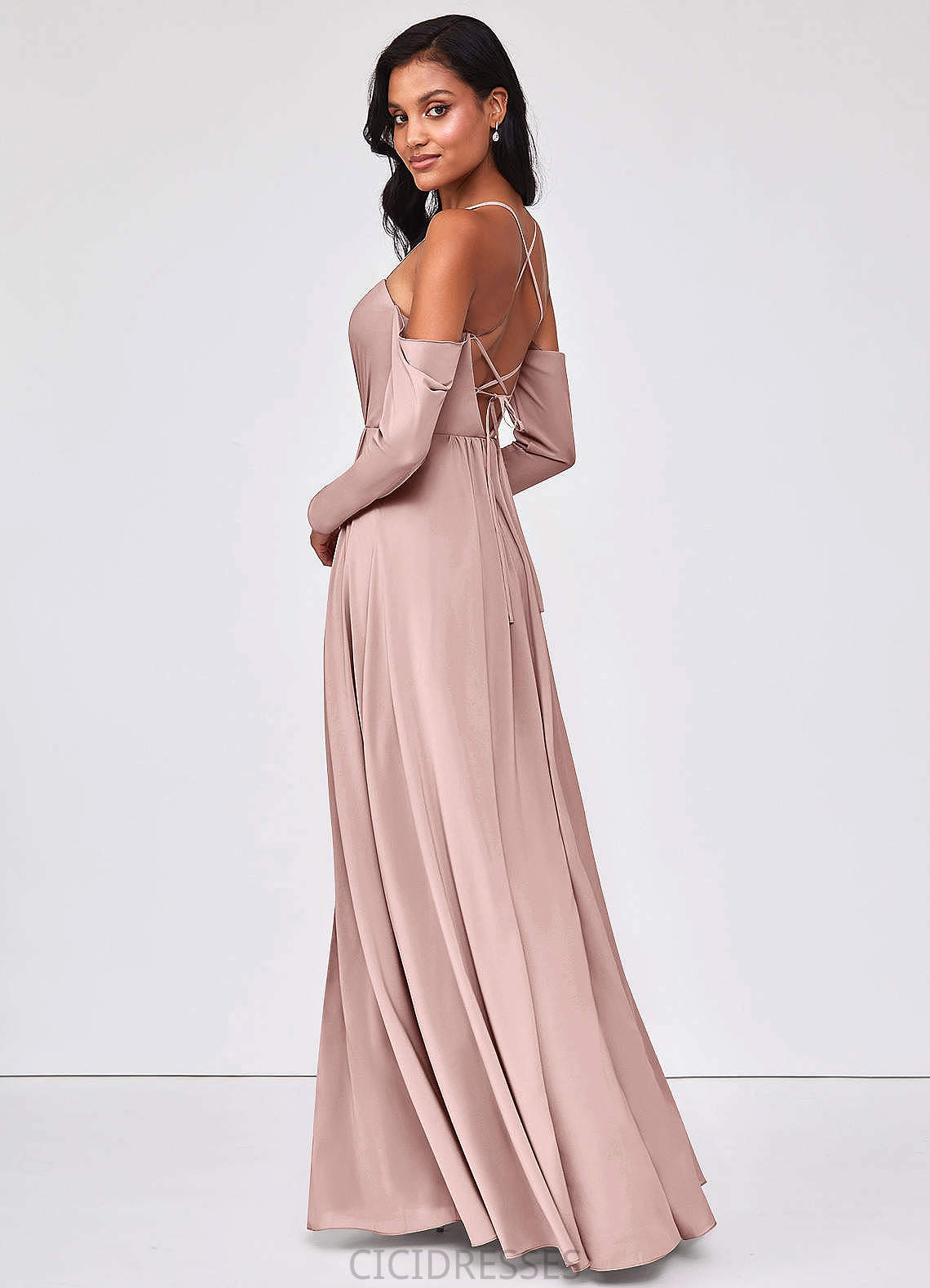 Shea Sheath/Column Natural Waist V-Neck Floor Length Satin Sleeveless Bridesmaid Dresses