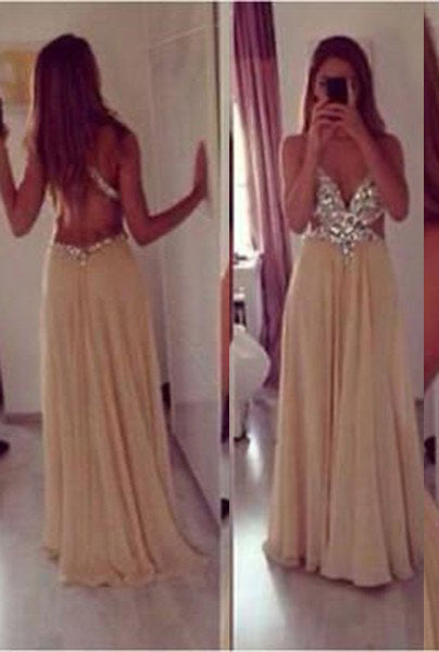 A-Line V-Neck Sleeveless Backless Long Floor length Chiffon Champagne Champagne Prom Dresses