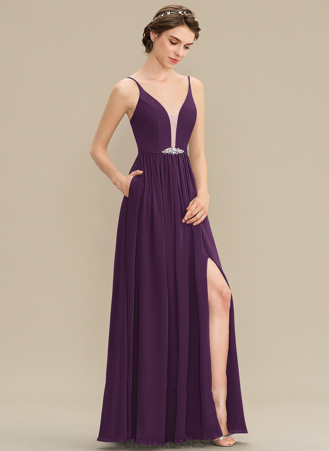 A-Line Length SplitFront Neckline Sequins Embellishment Silhouette Floor-Length Beading Fabric V-neck Pockets Bridesmaid Dresses