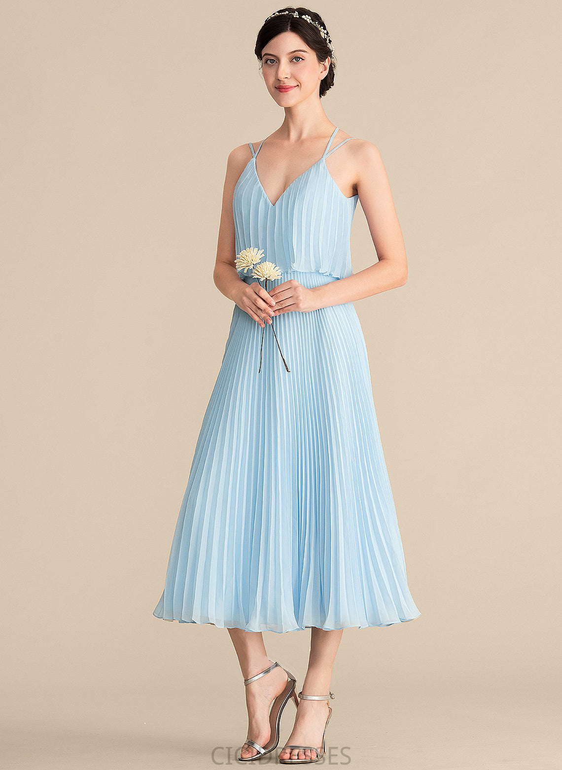 A-Line Tea-Length Pleated Fabric V-neck Embellishment Length Silhouette Neckline Emelia Natural Waist Floor Length Bridesmaid Dresses