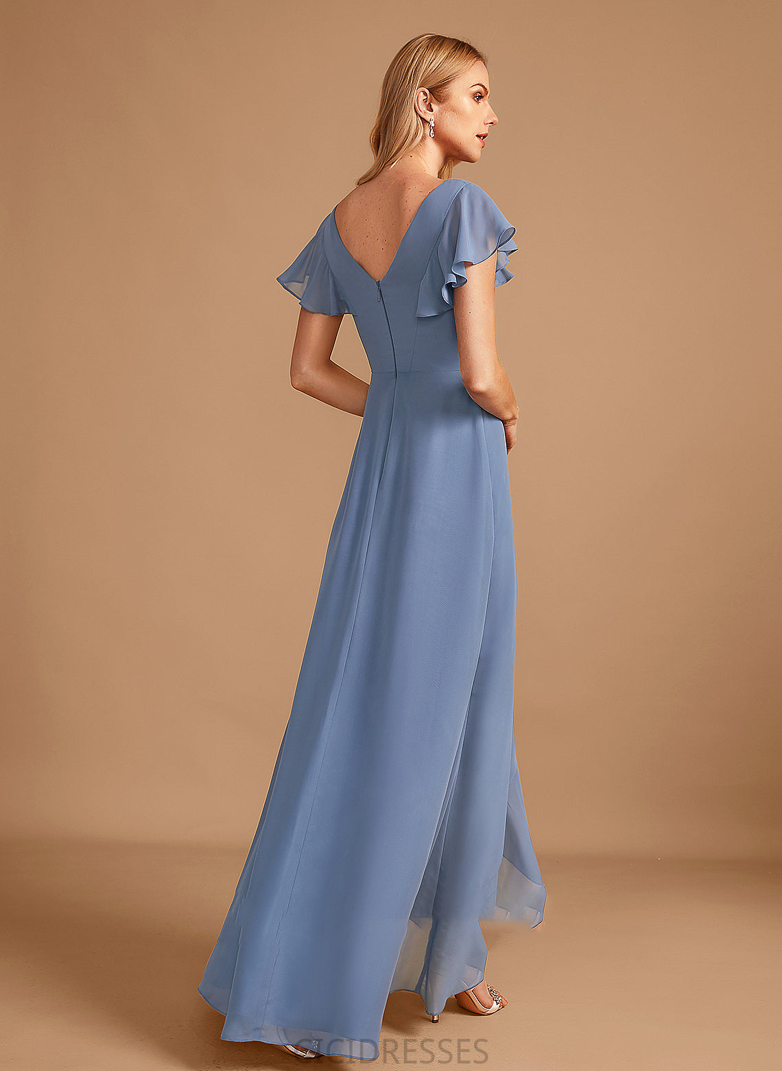 Silhouette Length Embellishment SplitFront A-Line Ruffle Neckline Fabric V-neck Asymmetrical Rosalind Natural Waist Bridesmaid Dresses