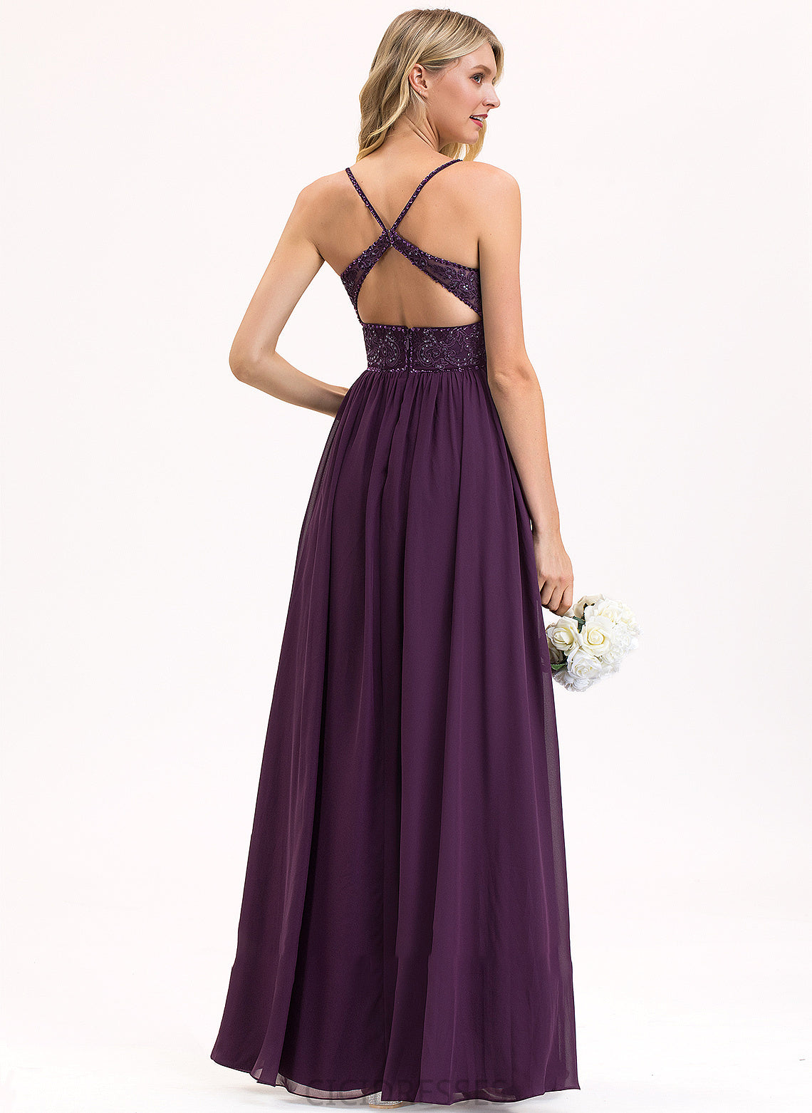Fabric Embellishment A-Line Length Beading Neckline V-neck Sequins Silhouette Floor-Length Deborah Sleeveless Bridesmaid Dresses