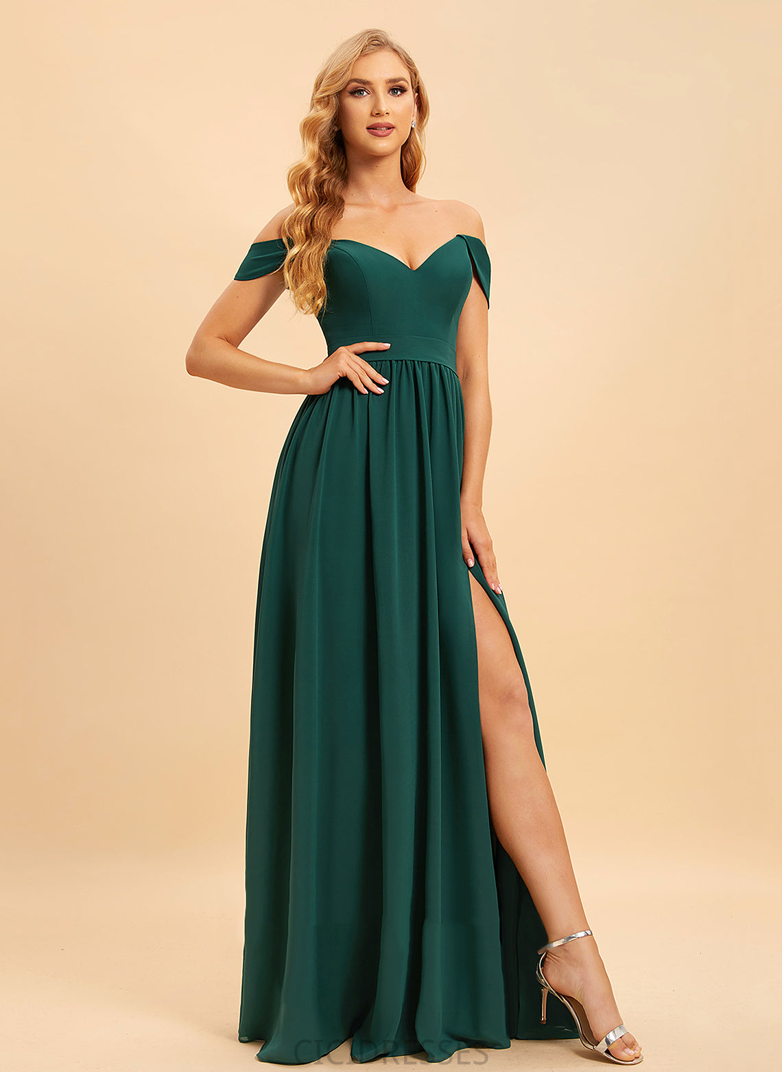 Neckline A-Line Silhouette Floor-Length Embellishment Length SplitFront Fabric Off-the-Shoulder Rubi Trumpet/Mermaid Natural Waist Bridesmaid Dresses