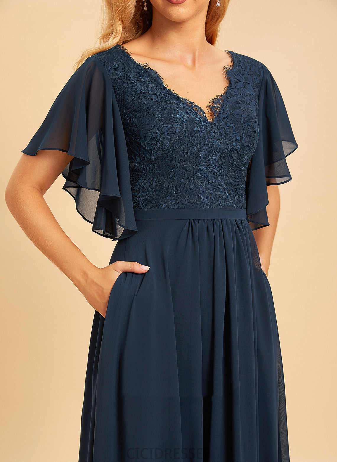 Silhouette Lace A-Line Length V-neck Neckline Fabric Embellishment SplitFront Floor-Length Kyra Straps Bridesmaid Dresses