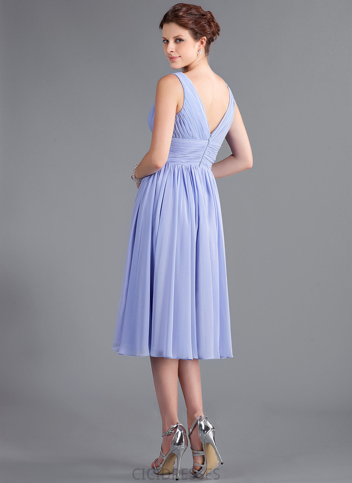 Neckline V-neck Length Fabric Ruffle A-Line Silhouette Embellishment Tea-Length Presley A-Line/Princess Sleeveless Bridesmaid Dresses