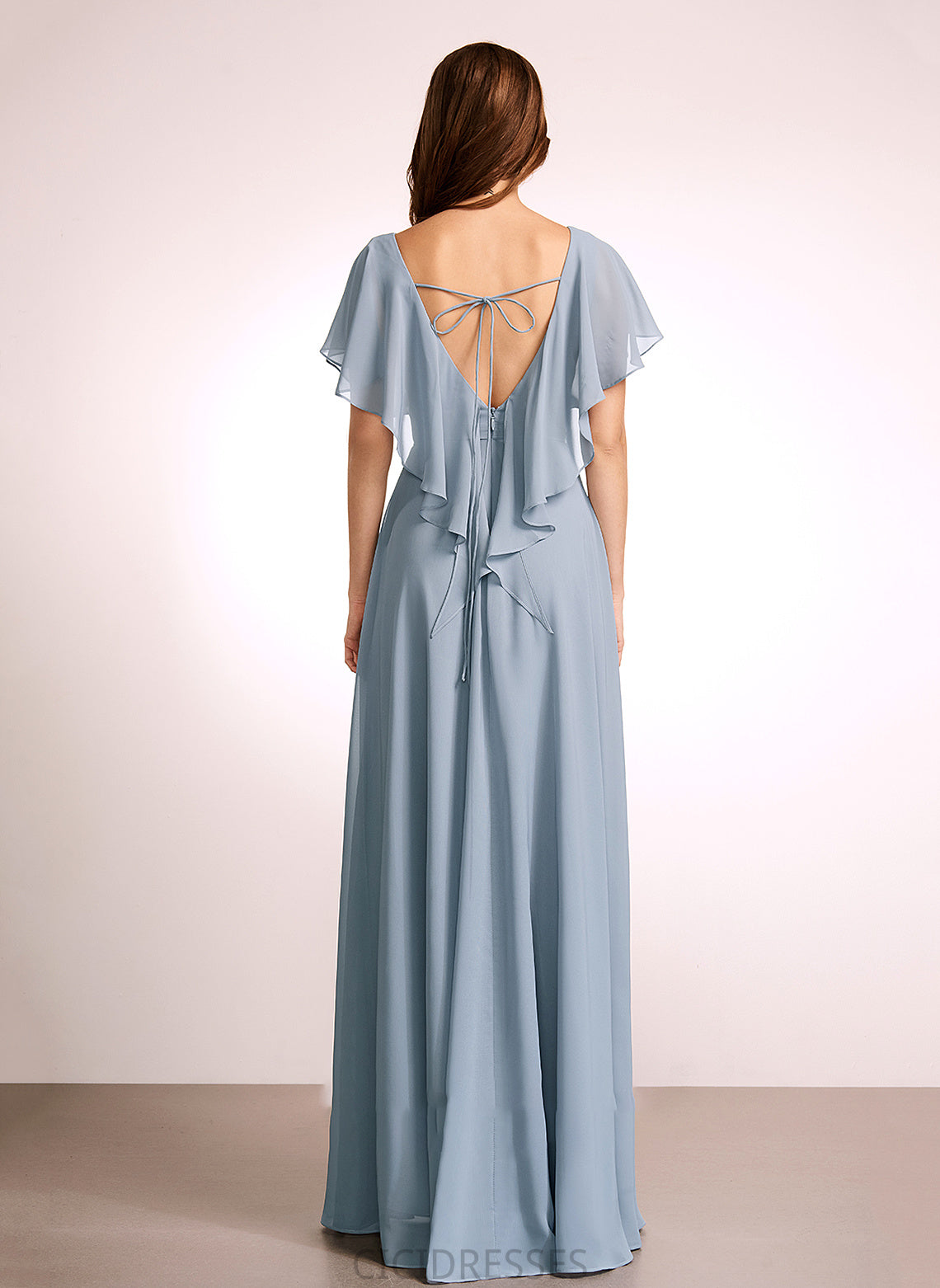 A-Line Ruffle Fabric Floor-Length Silhouette Neckline Embellishment V-neck Length Lara Floor Length Sleeveless Bridesmaid Dresses