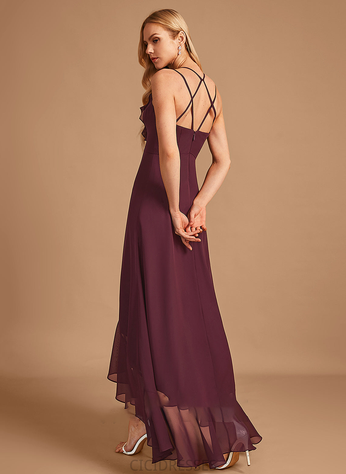 V-neck A-Line Embellishment Silhouette Fabric Length Asymmetrical Neckline SplitFront Ruffle Val Floor Length Bridesmaid Dresses