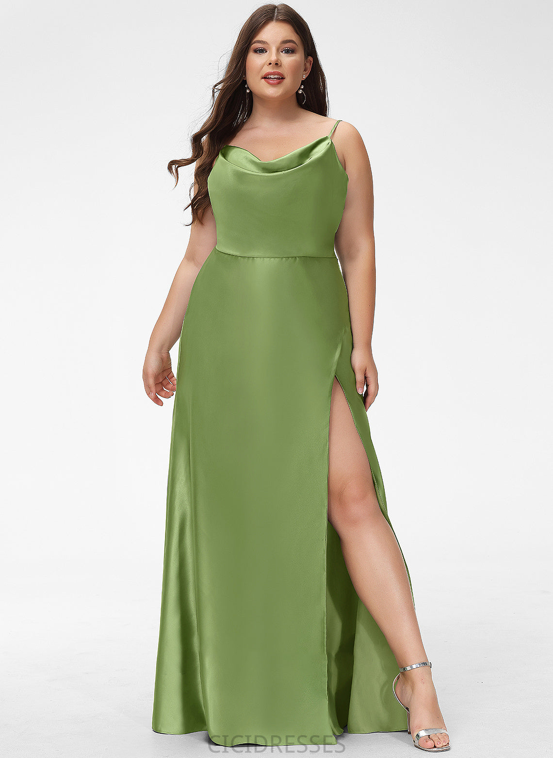 Neckline Floor-Length SplitFront CowlNeck Fabric Silhouette A-Line Length Embellishment Leyla Natural Waist Sleeveless Bridesmaid Dresses