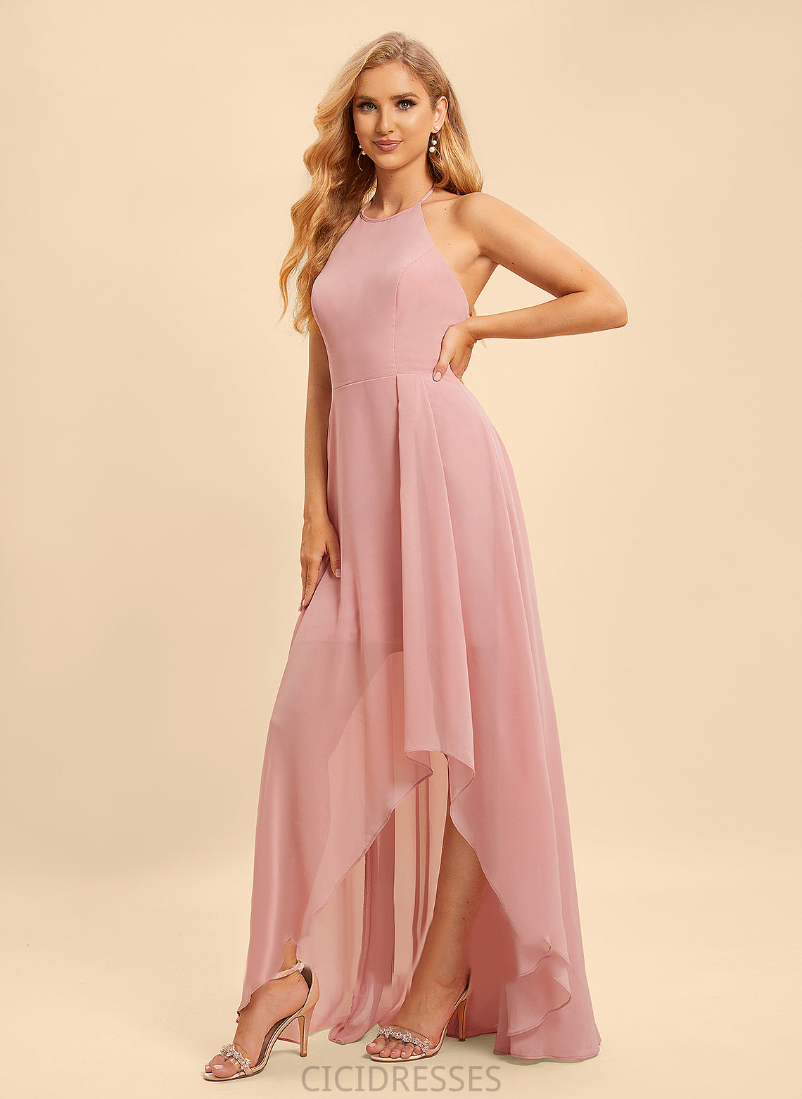 A-Line Ruffle Length Halter Embellishment Asymmetrical Fabric Neckline Silhouette Destiny V-Neck A-Line/Princess Bridesmaid Dresses