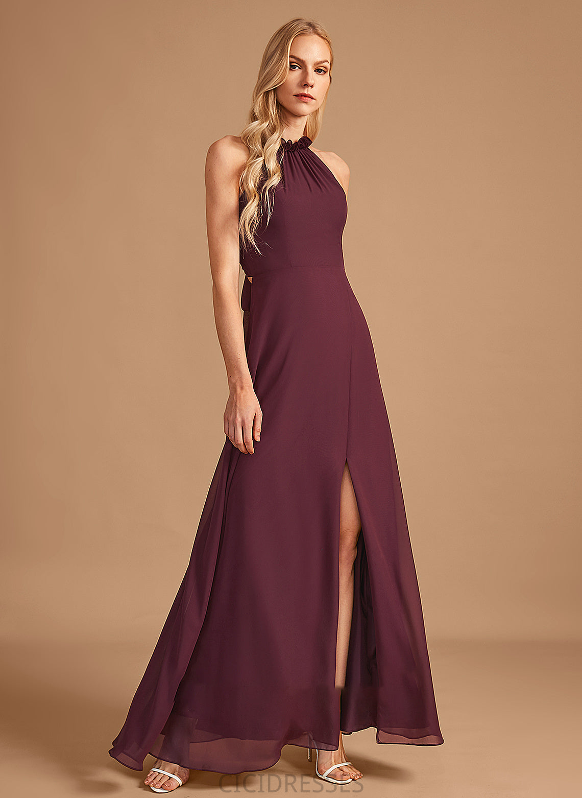A-Line Embellishment SplitFront Neckline HighNeck Floor-Length Length Silhouette Fabric Imani Floor Length Satin Bridesmaid Dresses