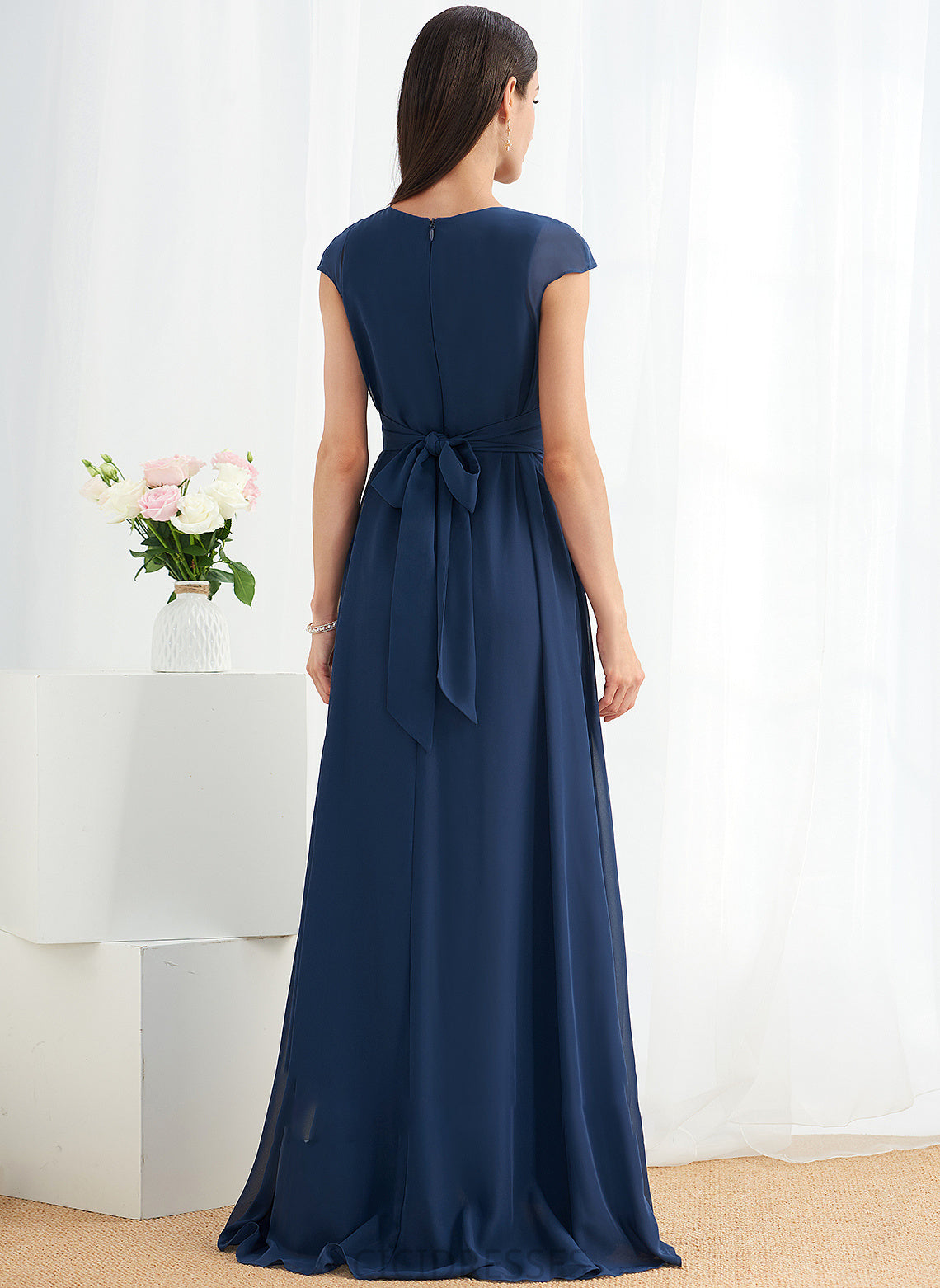 Silhouette A-Line Fabric Floor-Length Neckline Ruffle Embellishment Length V-neck Elizabeth Floor Length Sleeveless Bridesmaid Dresses