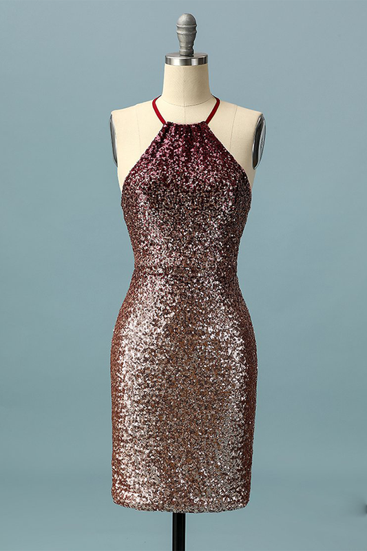 Sheath Halter Ombre Sequin Open Back Homecoming Dress