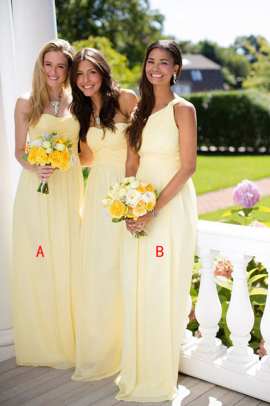 2024 Cheap A Line Chiffon Ruffles Yellow Long Bridesmaid Dresses / Gowns
