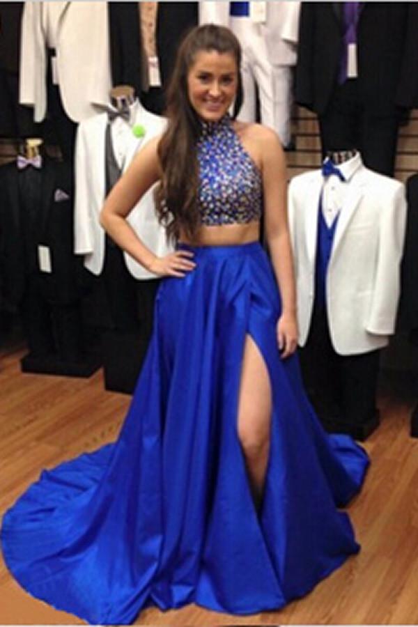 Two Pieces Royal Blue Beaded Long Prom Evening Dresses S7