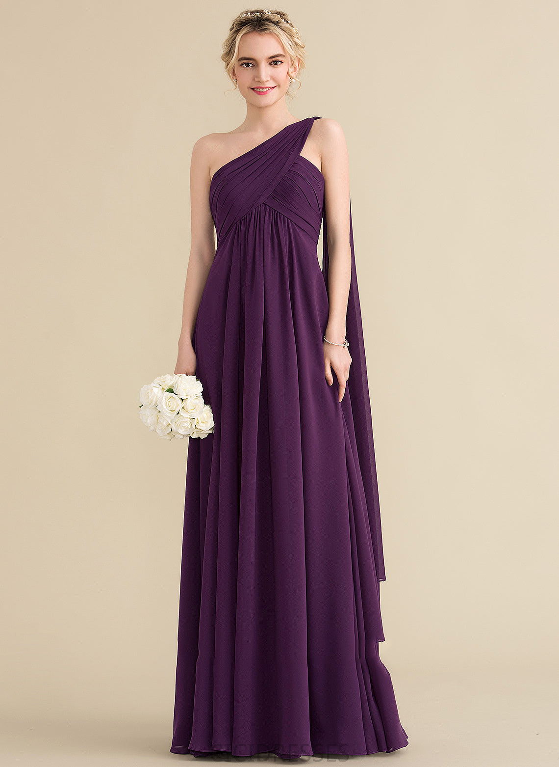 Embellishment A-Line Neckline Length Ruffle Floor-Length One-Shoulder Silhouette Fabric Janet Sleeveless V-Neck Bridesmaid Dresses