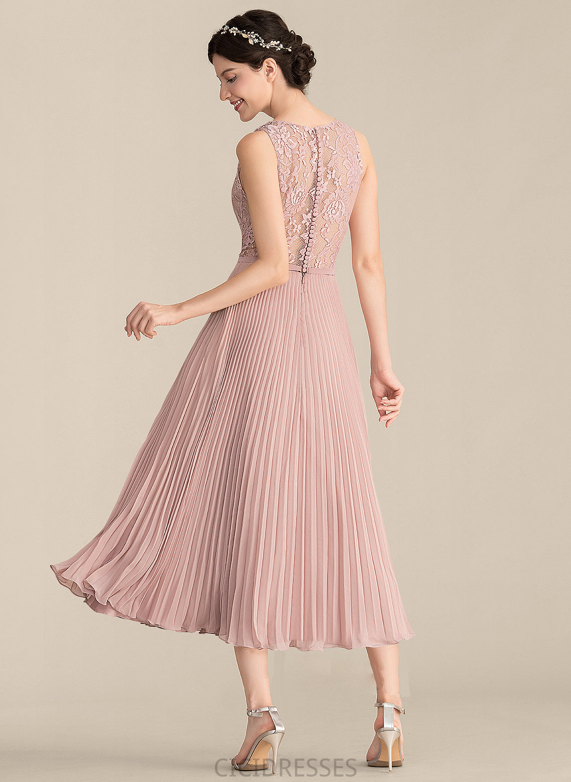 Length Fabric A-Line Neckline Embellishment Silhouette V-neck Tea-Length Pleated Michaela Natural Waist Sleeveless Bridesmaid Dresses