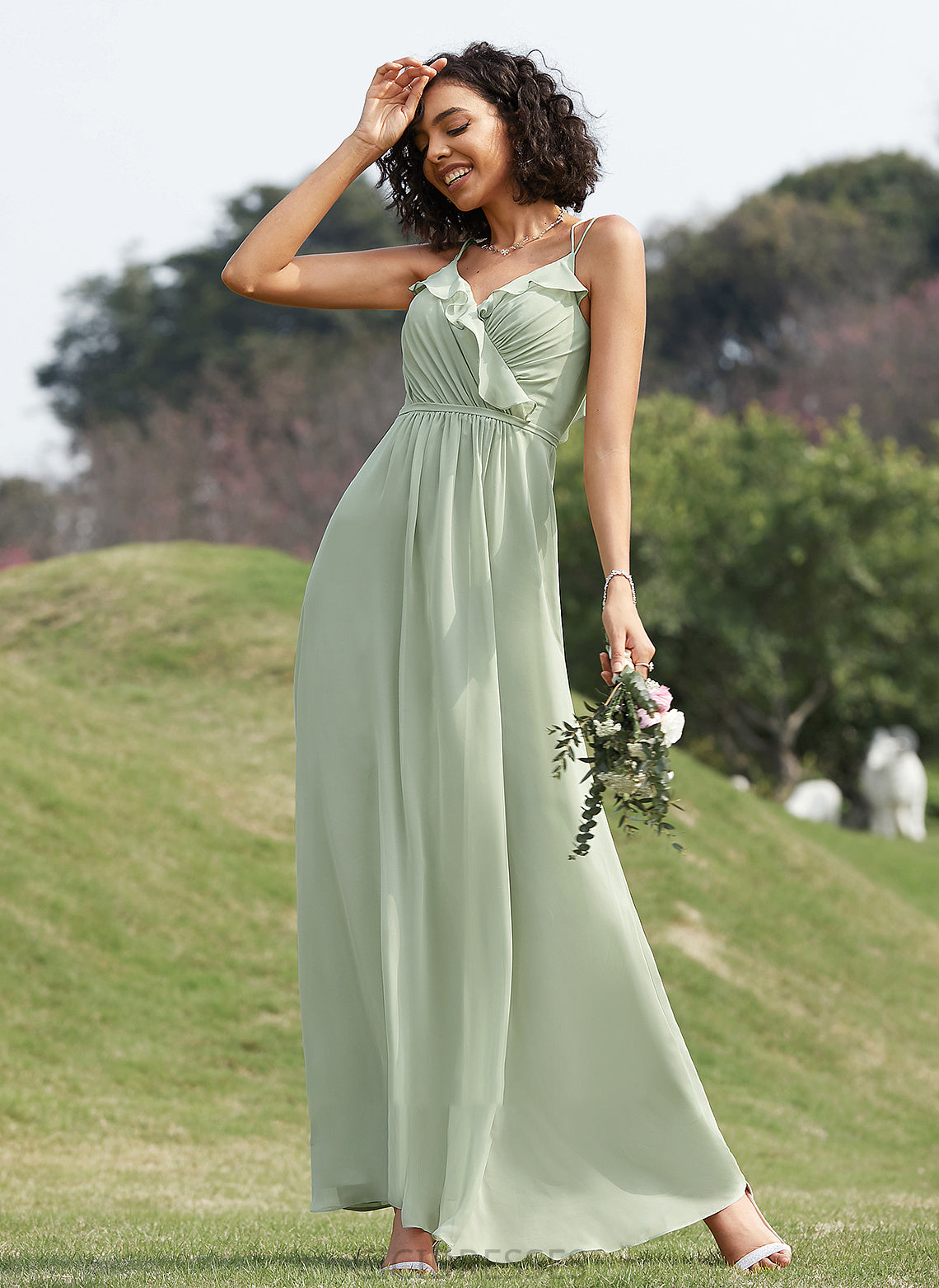Length Embellishment V-neck Silhouette Floor-Length Neckline Ruffle A-Line Fabric Katelyn Natural Waist Sleeveless Bridesmaid Dresses