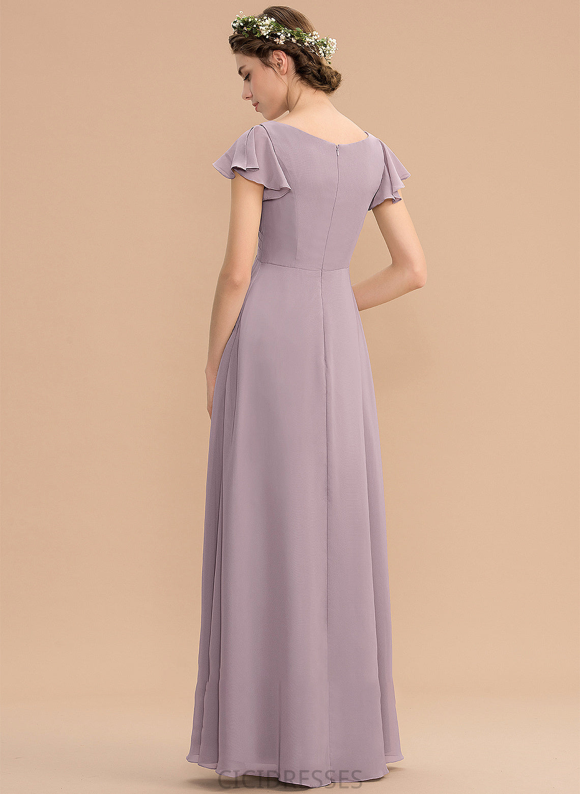 Embellishment Fabric Silhouette Pockets Floor-Length Length CascadingRuffles A-Line V-neck Neckline Chelsea Sleeveless Bridesmaid Dresses