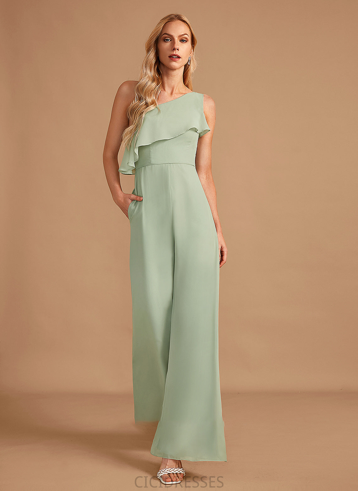 Straps Length Ruffle Neckline Floor-Length One-Shoulder Embellishment Fabric Miranda Spaghetti Staps Sleeveless A-Line/Princess Bridesmaid Dresses